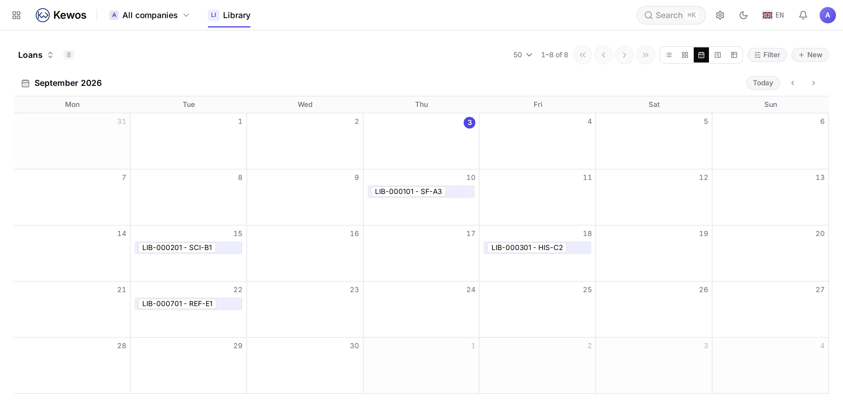 Le calendrier des retours attendus, avec navigation par mois